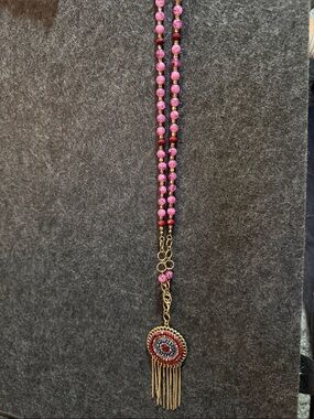 Handcrafted Pink Beaded Fringe Pendant Necklace